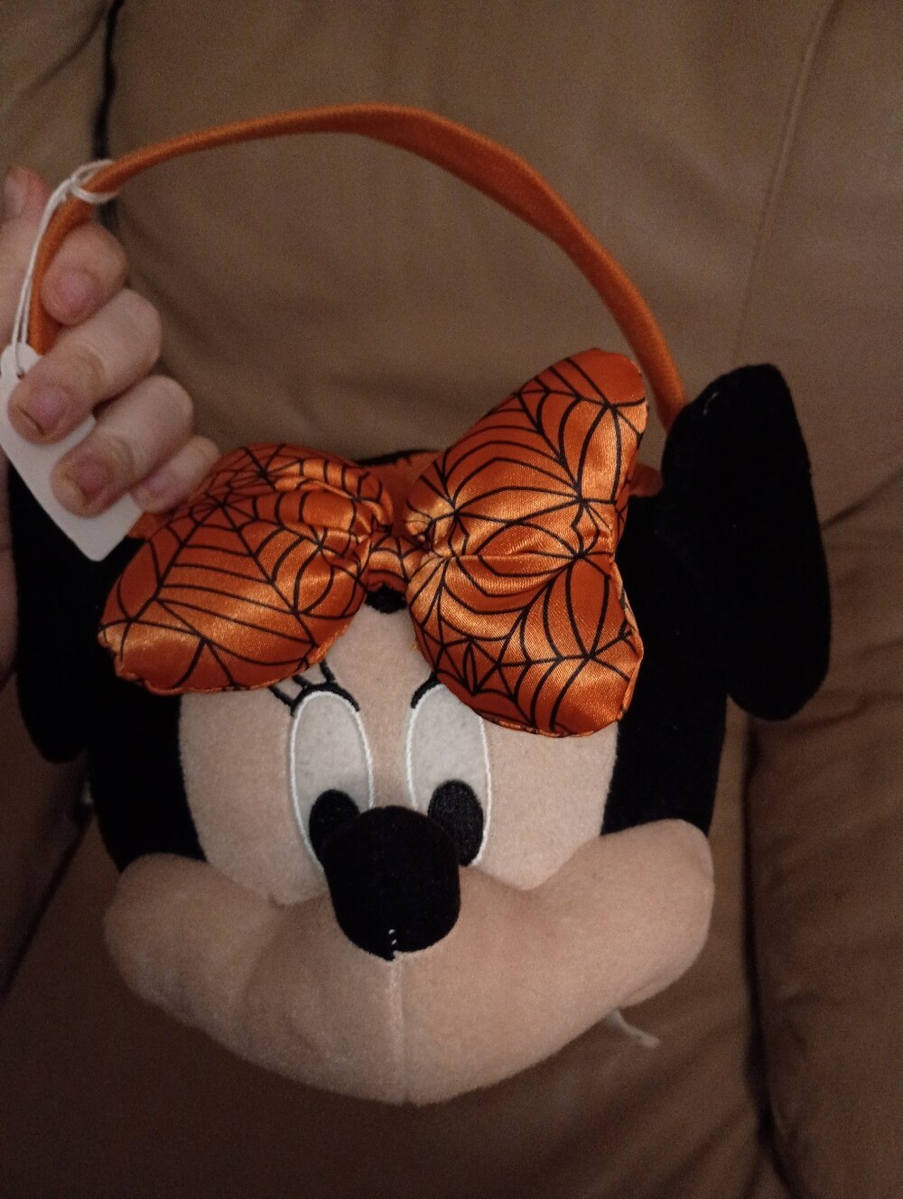 Plush Minnie Mouse Halloween Bucket with Orange Bow